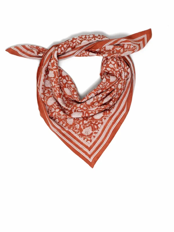 FOULARD FRIDA TERRACOTTA EN COTON 100X100 CM - BLOCK PRINT ARTISANAL INDIEN