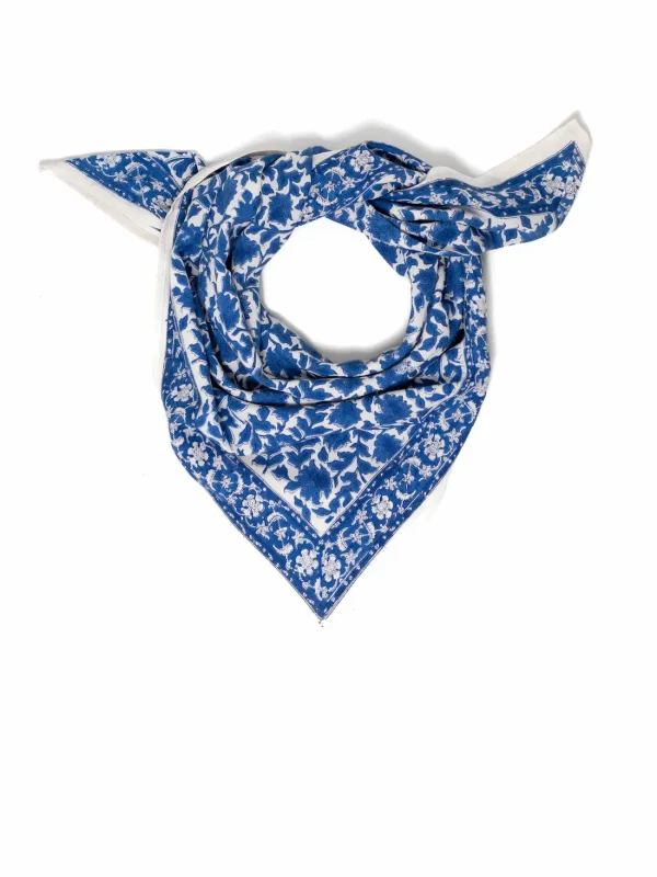 FOULARD SERENA BLEU EN COTON 100X100 CM - BLOCK PRINT ARTISANAL INDIEN