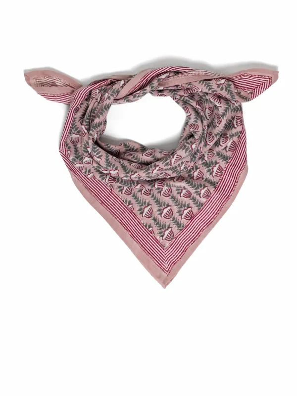 FOULARD SIMONE ROSE EN COTON 100X100 CM - BLOCK PRINT ARTISANAL INDIEN