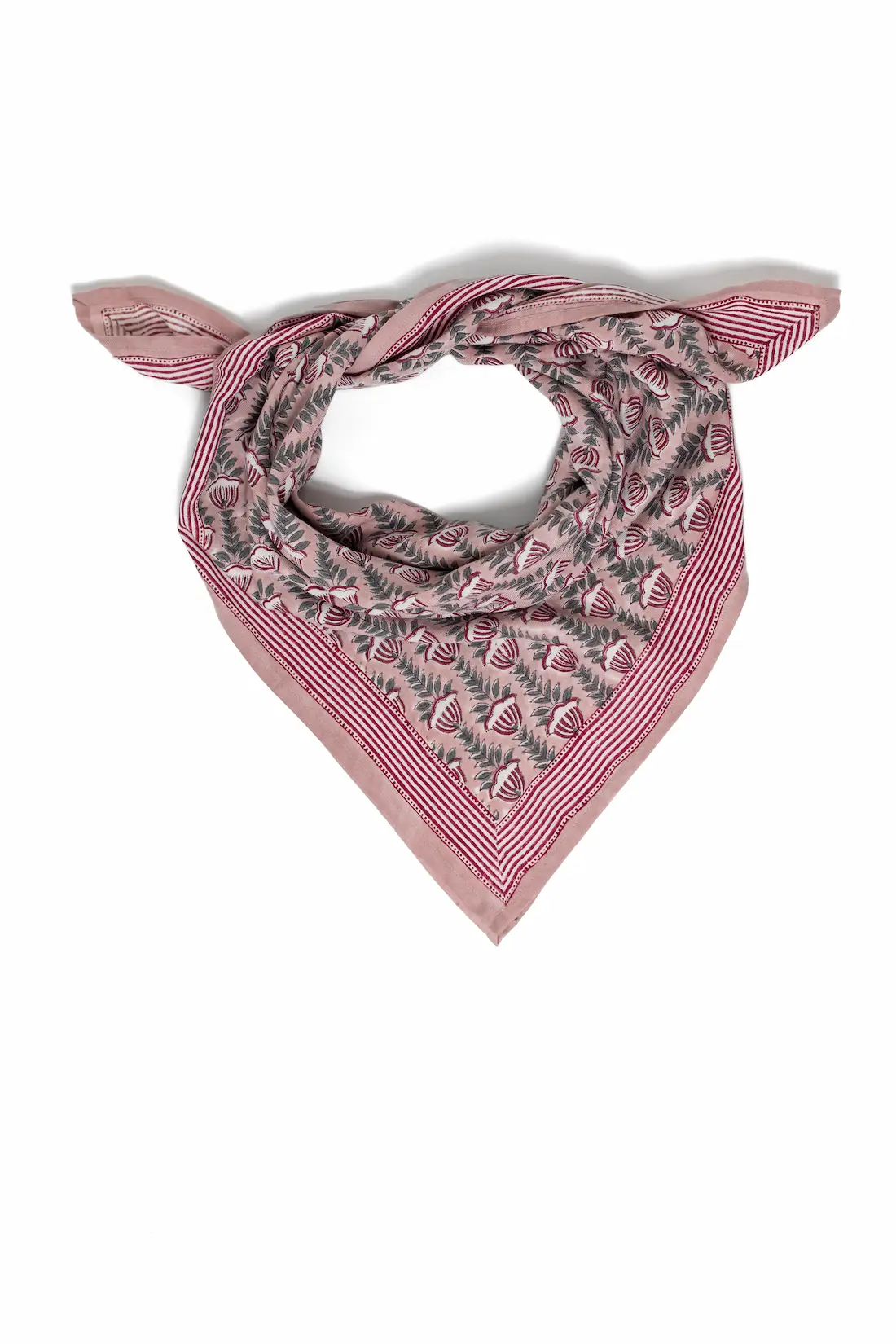 FOULARD SIMONE ROSE EN COTON 100X100 CM - BLOCK PRINT ARTISANAL INDIEN – Image 2