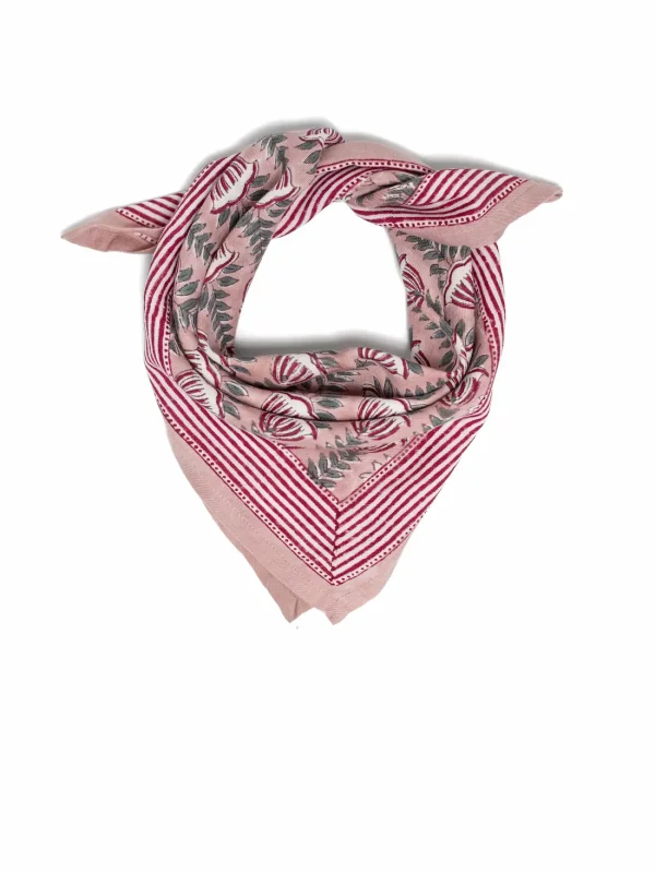 FOULARD SIMONE ROSE EN COTON 50X50 CM - BLOCK PRINT ARTISANAL