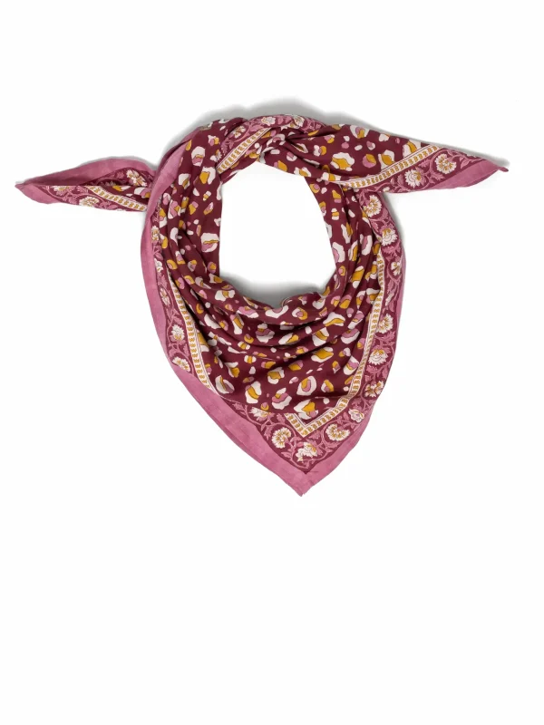FOULARD ROSA LÉOPARD BORDEAUX EN COTON 100X100 CM - BLOCK PRINT ARTISANAL INDIEN