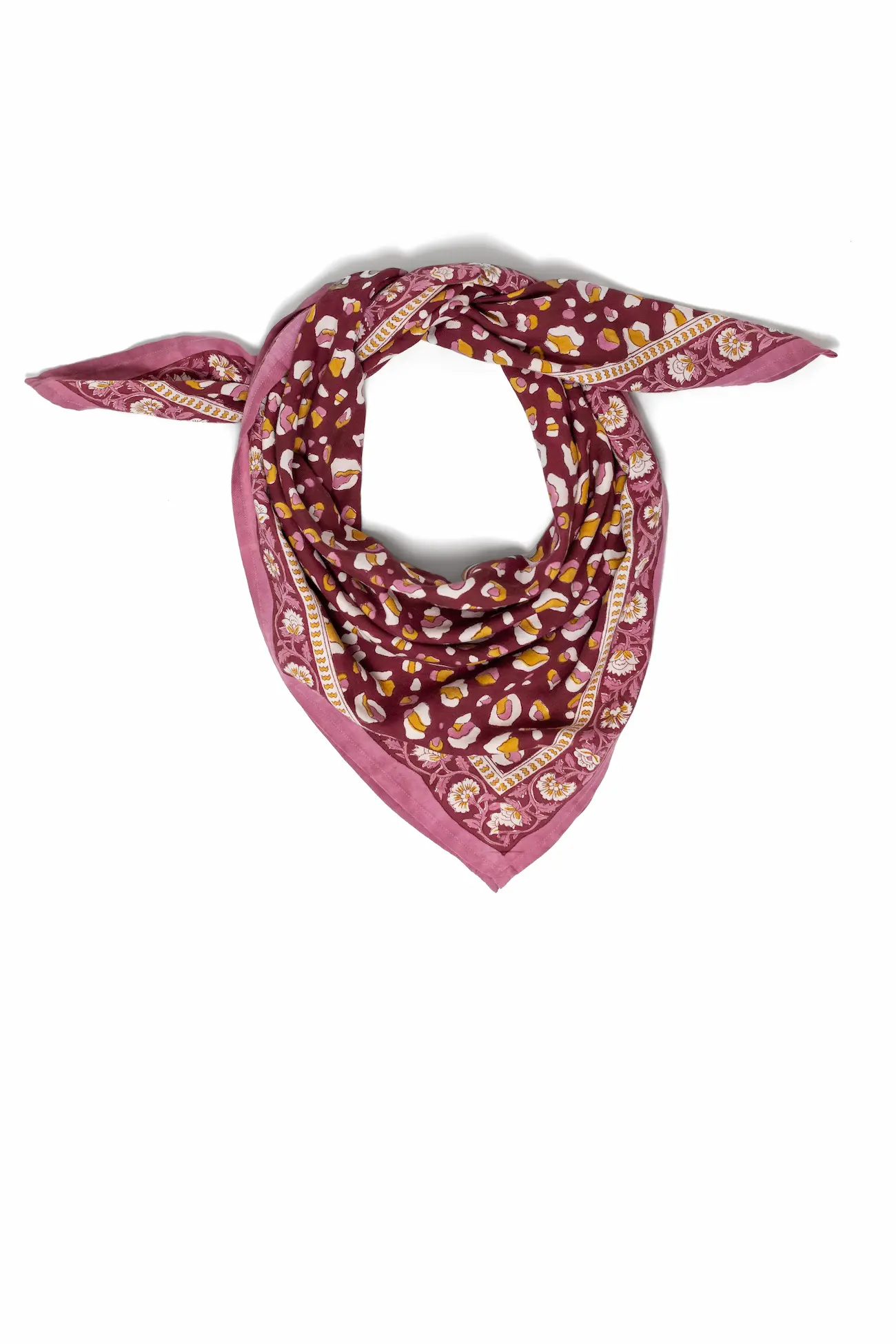 FOULARD ROSA LÉOPARD BORDEAUX EN COTON 100X100 CM - BLOCK PRINT ARTISANAL INDIEN – Image 2