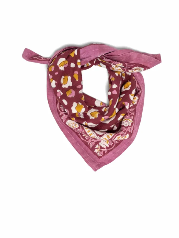 FOULARD ROSA LÉOPARD BORDEAUX EN COTON 50X50 CM - BLOCK PRINT ARTISANAL