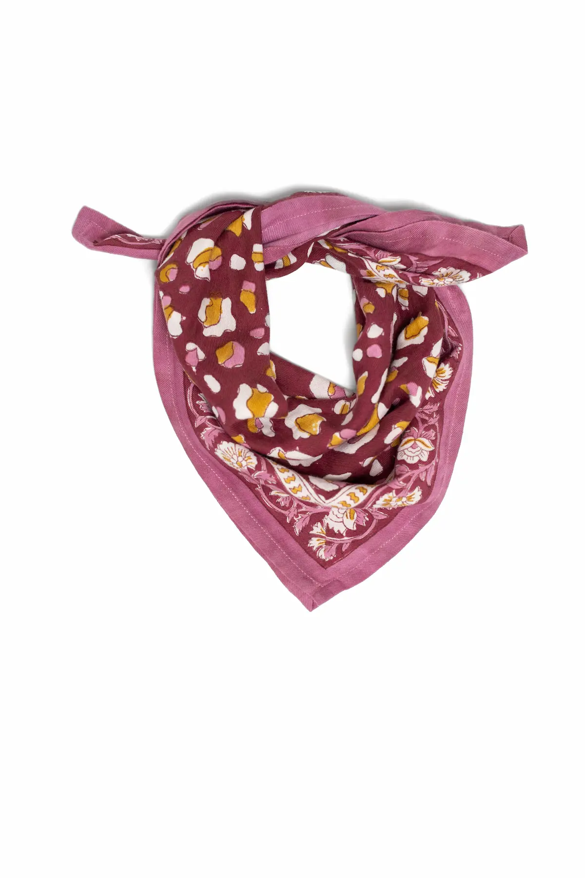 FOULARD ROSA LÉOPARD BORDEAUX EN COTON 50X50 CM - BLOCK PRINT ARTISANAL – Image 2