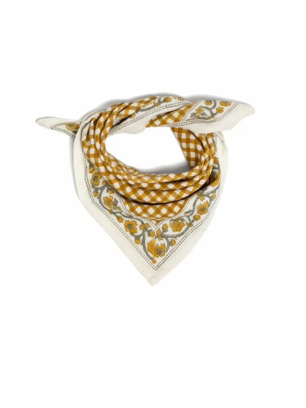 FOULARD JEANNE VICHY OCRE EN COTON 50X50 CM - BLOCK PRINT ARTISANAL