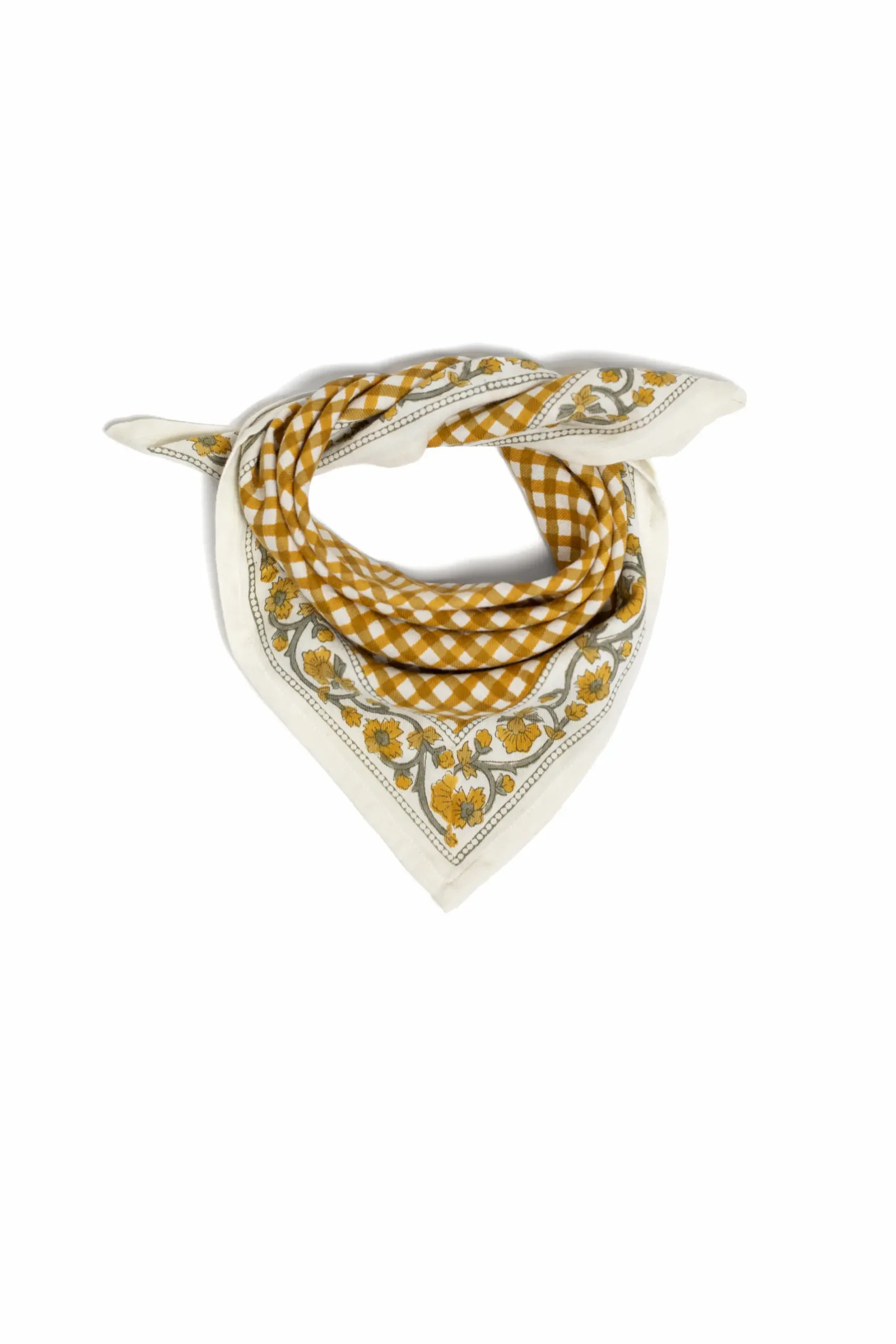 FOULARD JEANNE VICHY OCRE EN COTON 50X50 CM - BLOCK PRINT ARTISANAL – Image 2