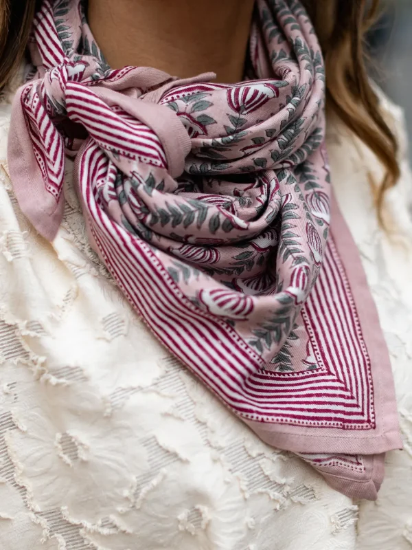 FOULARD SIMONE ROSE EN COTON 100X100 CM - BLOCK PRINT ARTISANAL INDIEN