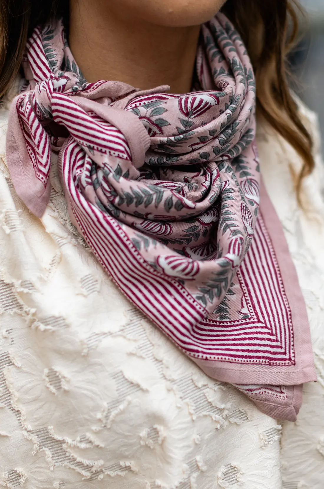 FOULARD SIMONE ROSE EN COTON 100X100 CM - BLOCK PRINT ARTISANAL INDIEN