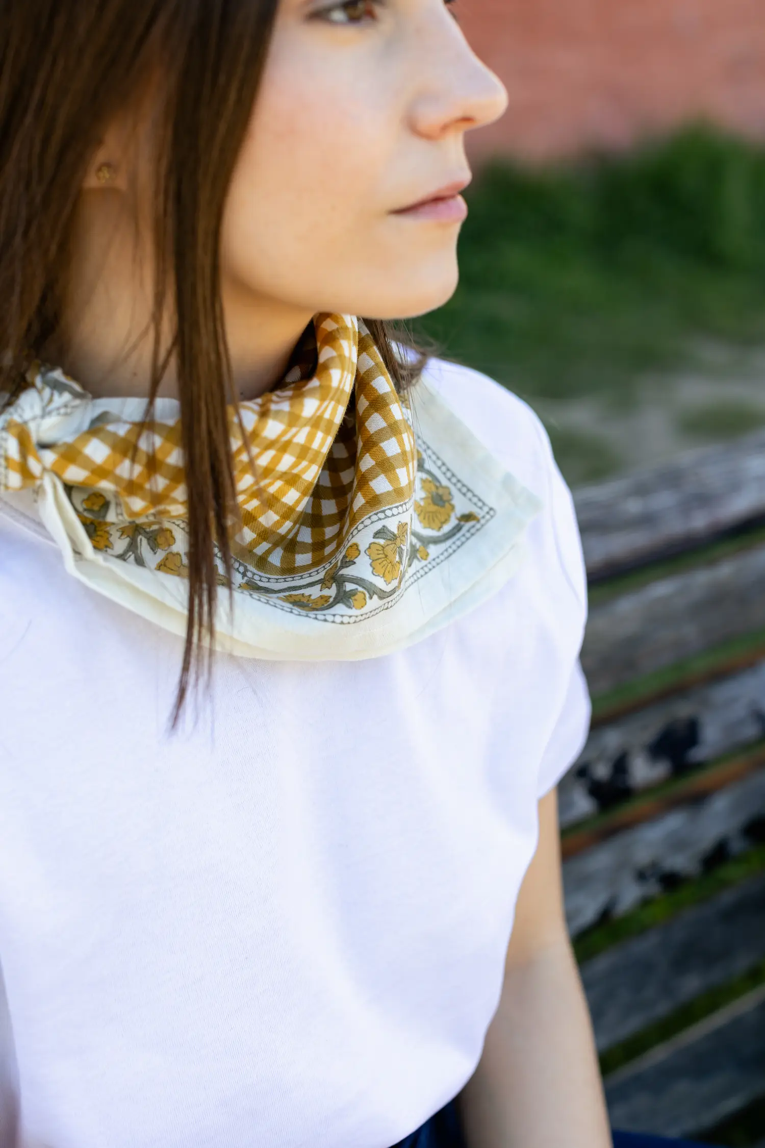 FOULARD JEANNE VICHY OCRE EN COTON 50X50 CM - BLOCK PRINT ARTISANAL