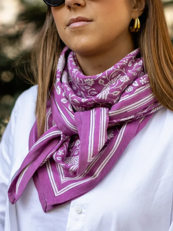 FOULARD FRIDA FUCHSIA EN COTON 100X100 CM - BLOCK PRINT ARTISANAL INDIEN