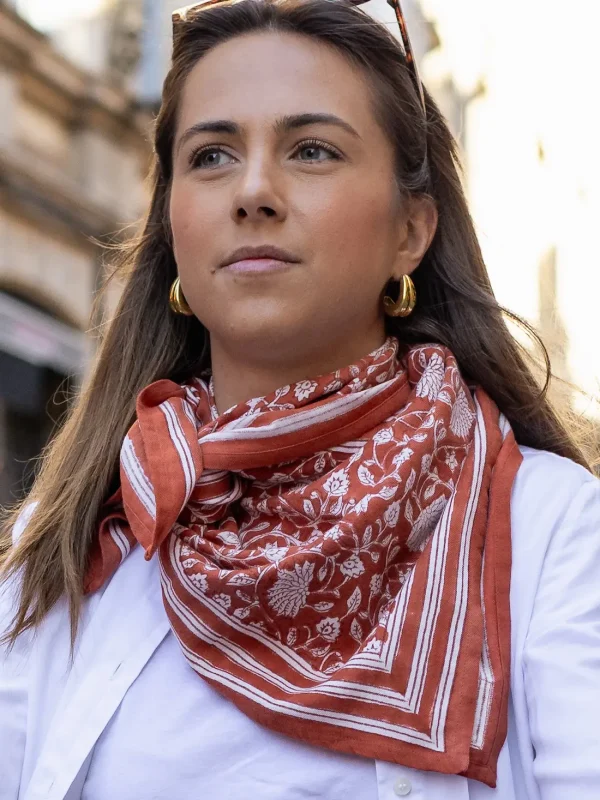 FOULARD FRIDA TERRACOTTA EN COTON 100X100 CM - BLOCK PRINT ARTISANAL INDIEN
