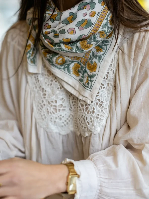 FOULARD ROSA LÉOPARD SAUGE EN COTON 100X100 CM - BLOCK PRINT ARTISANAL INDIEN