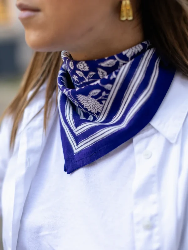 FOULARD FRIDA BLEU INDIGO EN COTON 50X50 CM - BLOCK PRINT ARTISANAL
