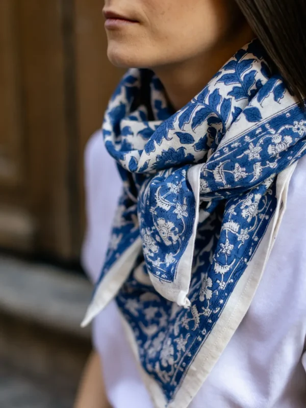FOULARD SERENA BLEU EN COTON 100X100 CM - BLOCK PRINT ARTISANAL INDIEN
