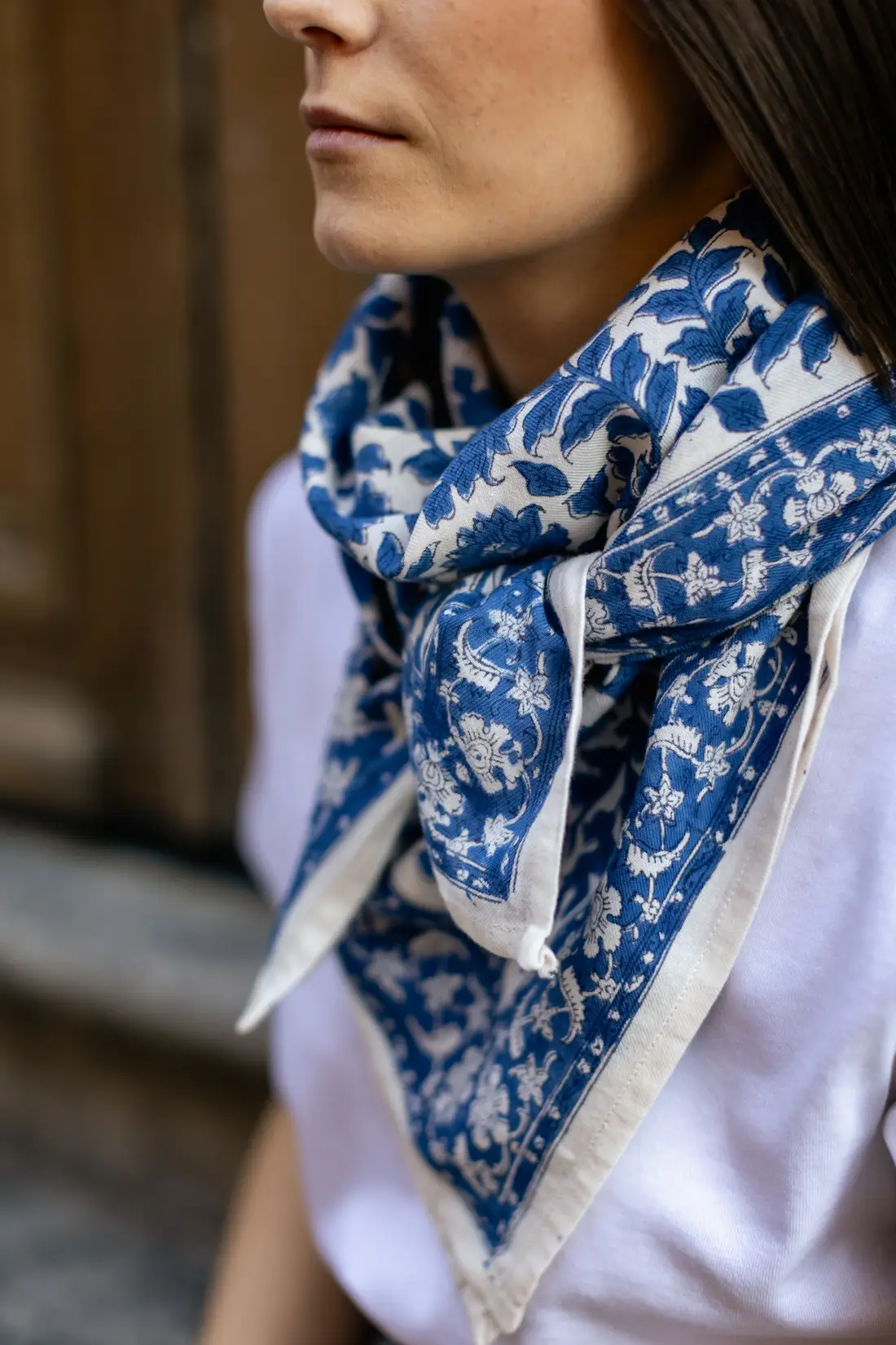 FOULARD SERENA BLEU EN COTON 100X100 CM - BLOCK PRINT ARTISANAL INDIEN