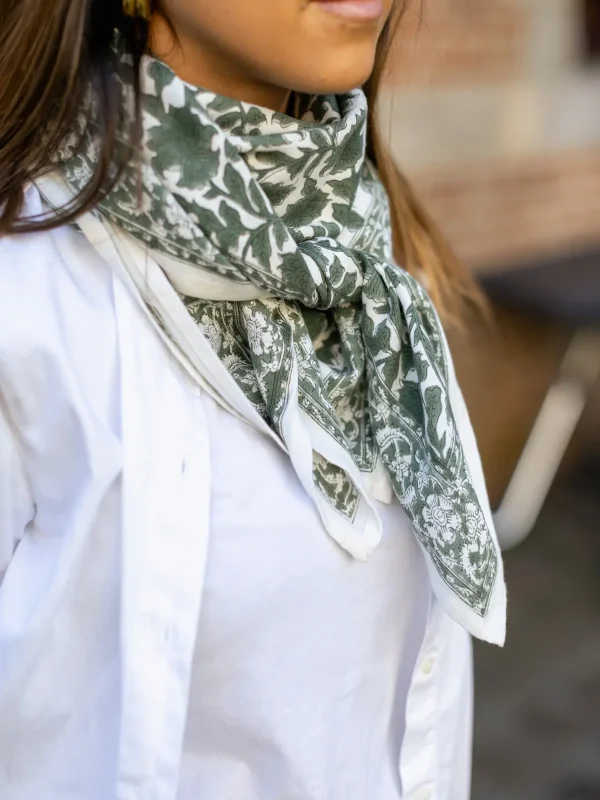 FOULARD SERENA KAKI EN COTON 100X100 CM - BLOCK PRINT ARTISANAL INDIEN