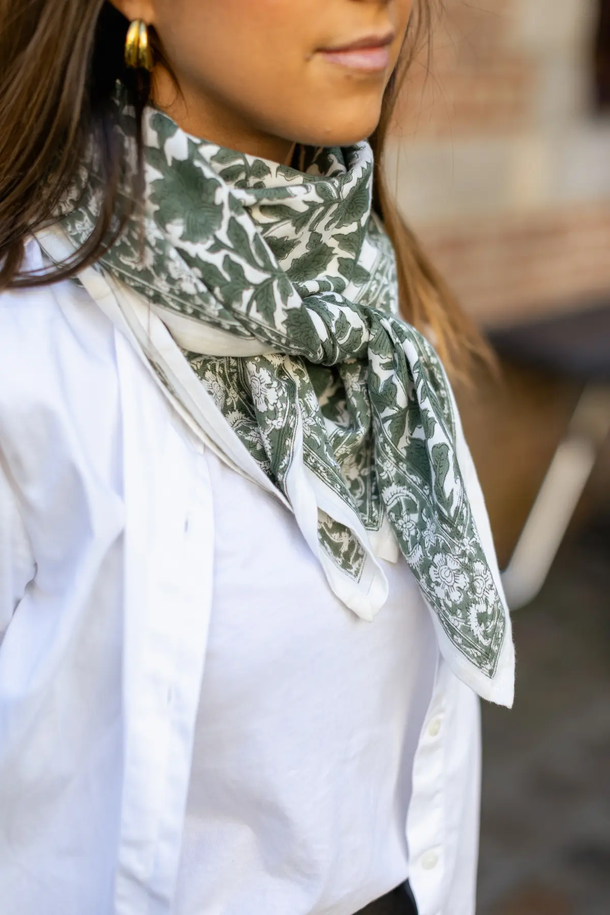 FOULARD SERENA KAKI EN COTON 100X100 CM - BLOCK PRINT ARTISANAL INDIEN