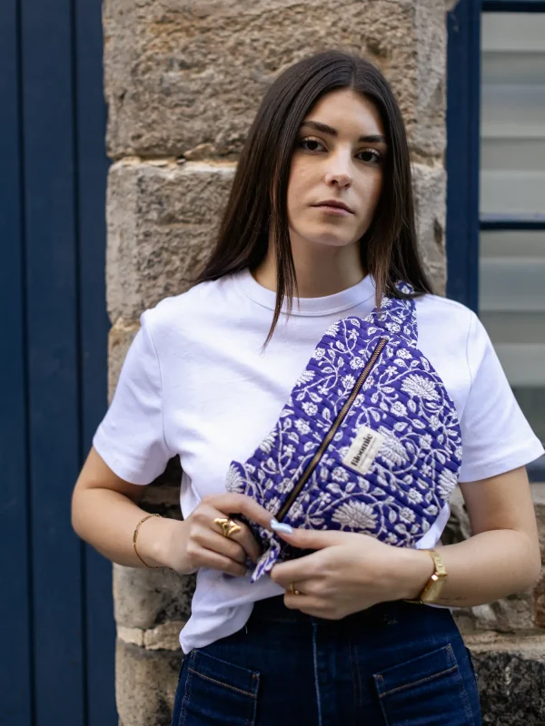SAC BANANE FRIDA BLEU INDIGO EN COTON 28X20 CM - BLOCK PRINT ARTISANAL
