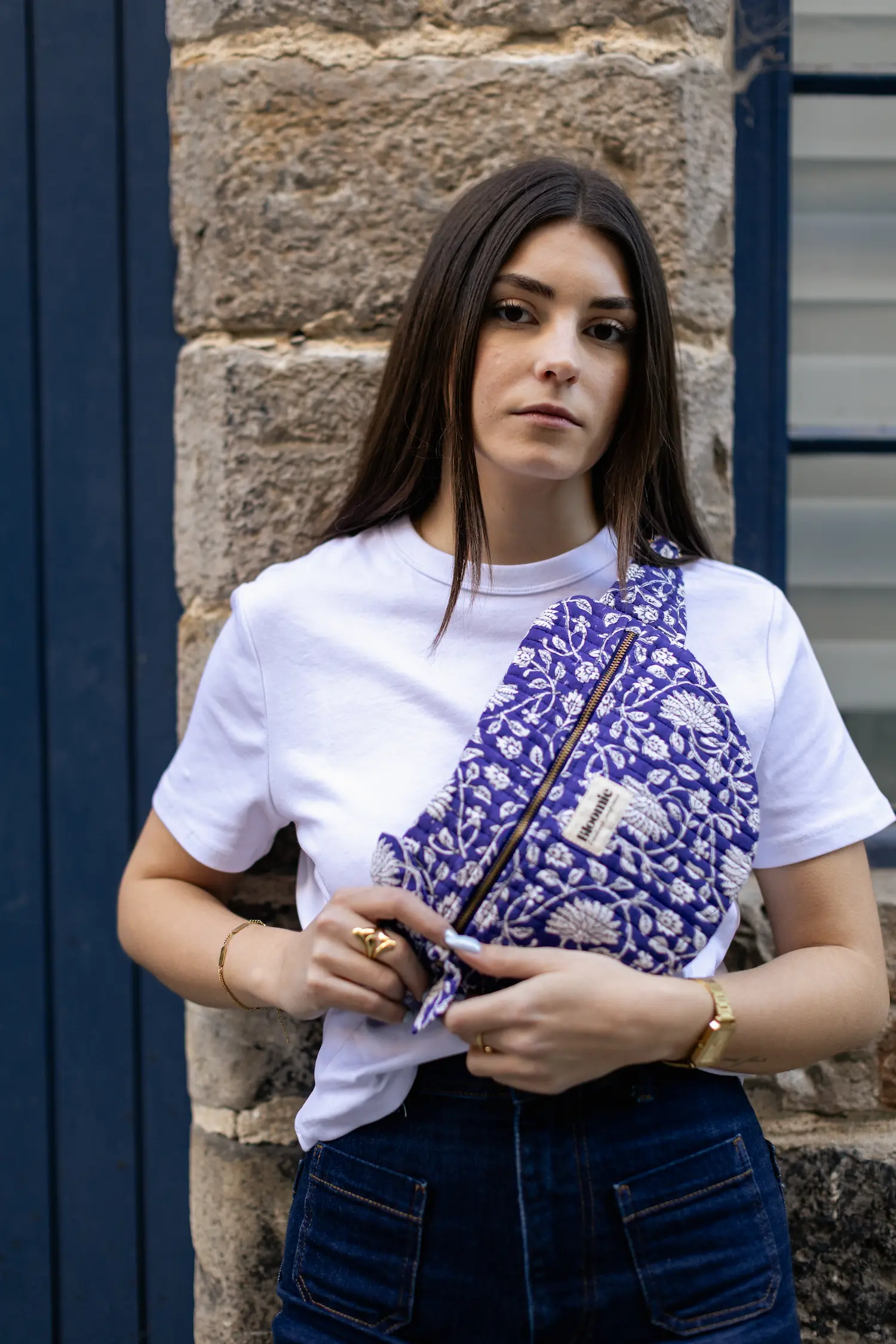 SAC BANANE FRIDA BLEU INDIGO EN COTON 28X20 CM - BLOCK PRINT ARTISANAL