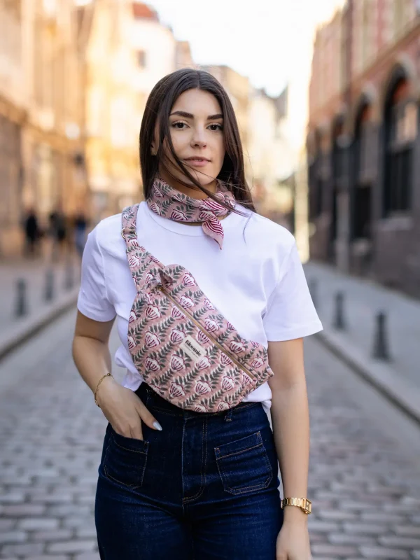SAC BANANE SIMONE ROSE EN COTON 28X20 CM - BLOCK PRINT ARTISANAL
