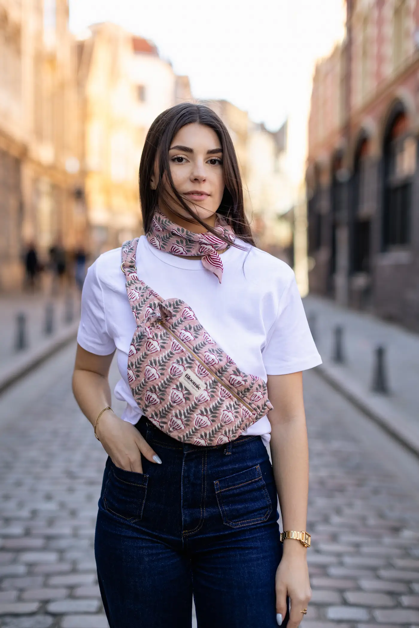 SAC BANANE SIMONE ROSE EN COTON 28X20 CM - BLOCK PRINT ARTISANAL