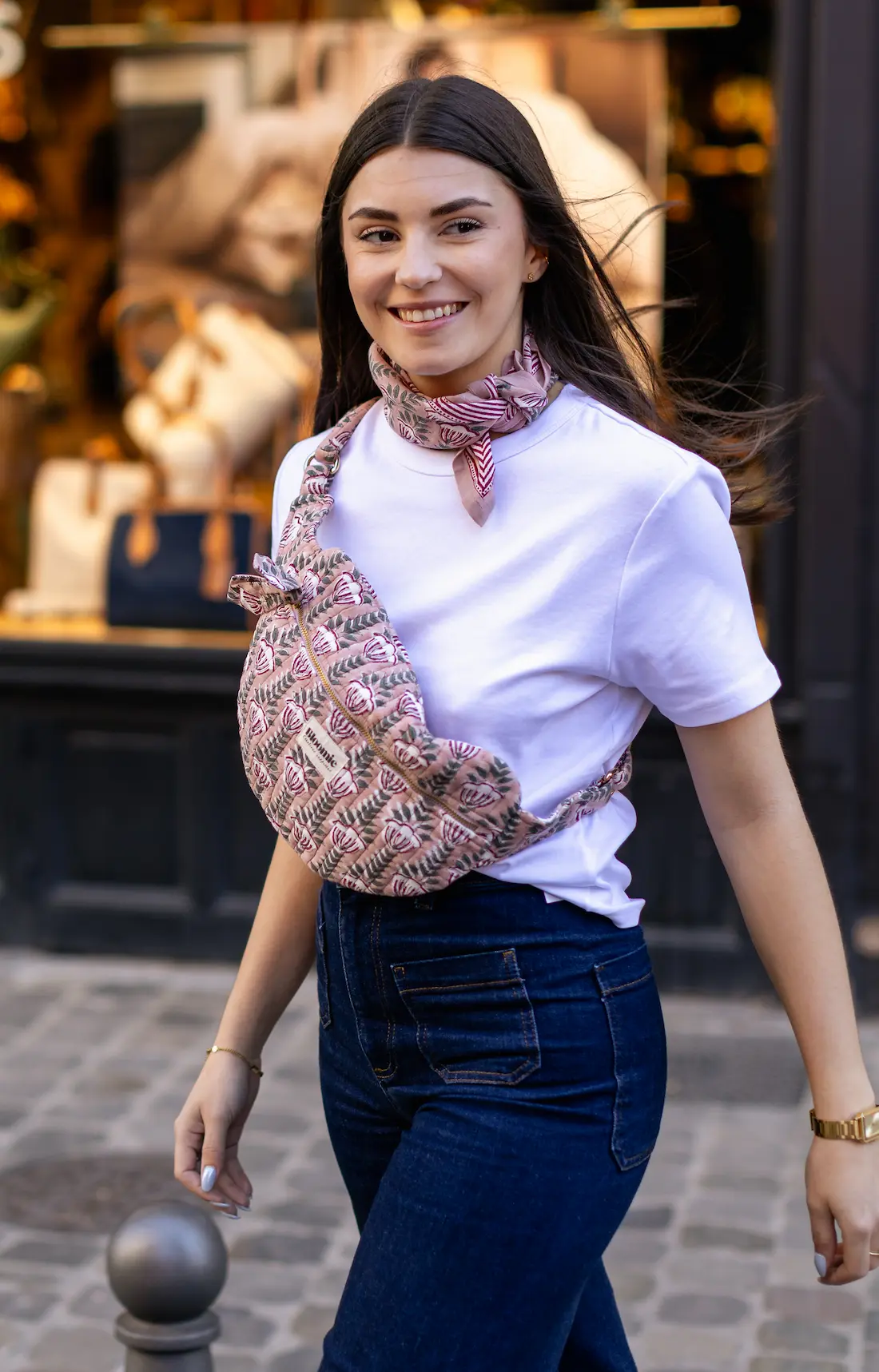 SAC BANANE SIMONE ROSE EN COTON 28X20 CM - BLOCK PRINT ARTISANAL – Image 4