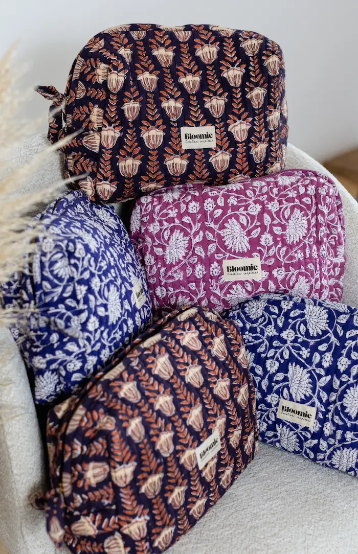 TROUSSE DE TOILETTE SIMONE MARINE EN COTON 27X18 CM - BLOCK PRINT ARTISANAL INDIEN – Image 5