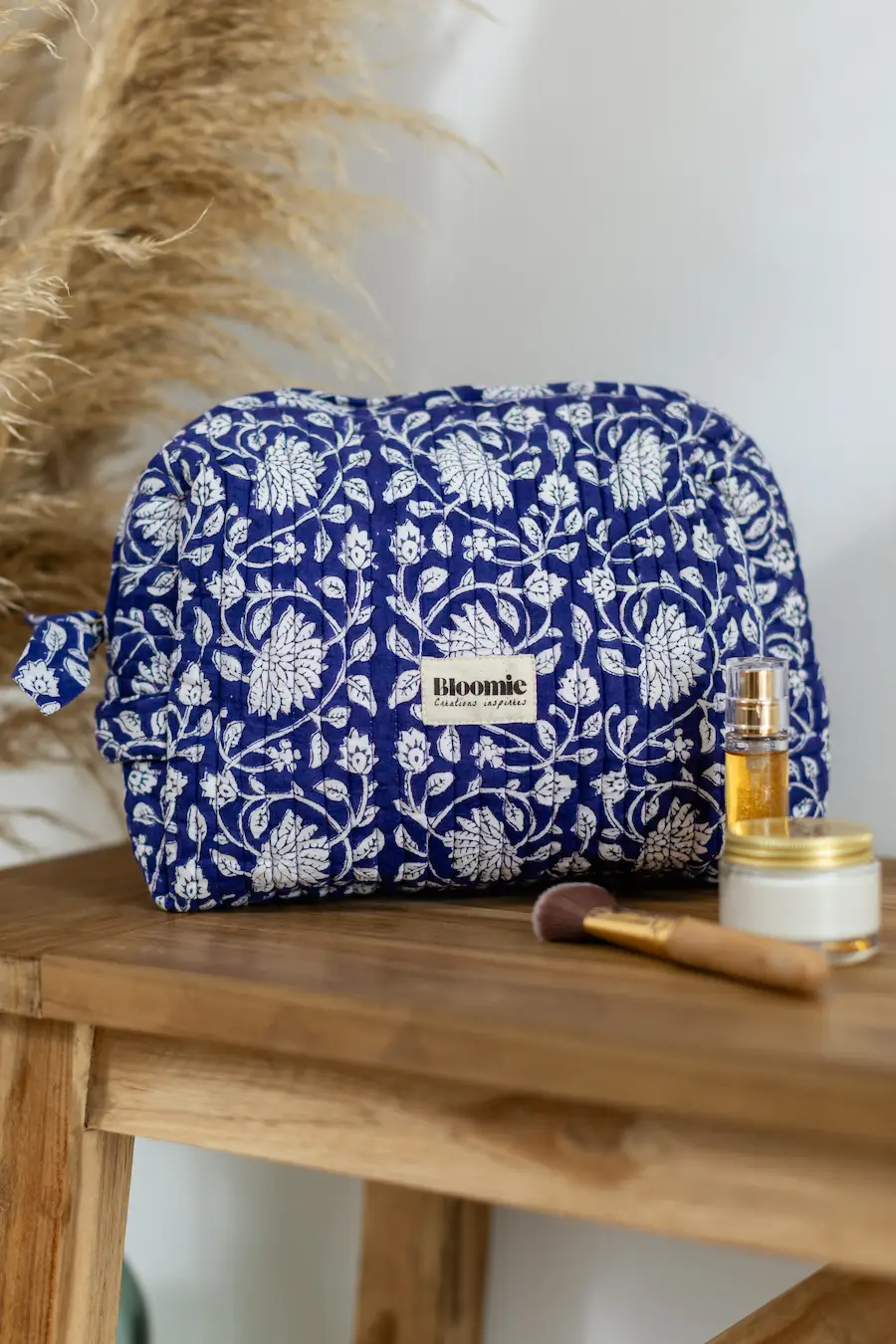 TROUSSE DE TOILETTE FRIDA BLEU INDIGO EN COTON 27X18 CM - BLOCK PRINT ARTISANAL INDIEN