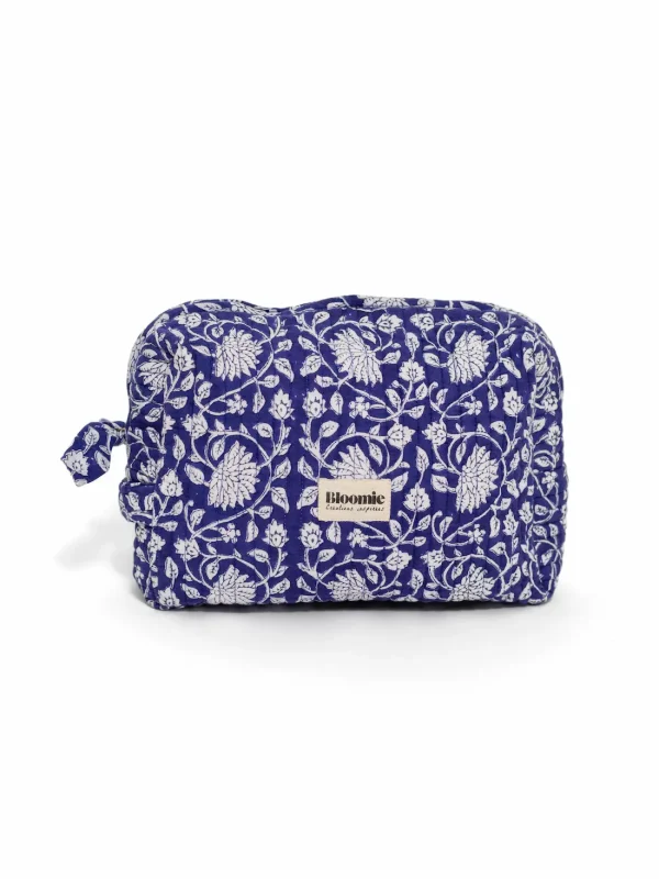 TROUSSE DE TOILETTE FRIDA BLEU INDIGO EN COTON 27X18 CM - BLOCK PRINT ARTISANAL INDIEN