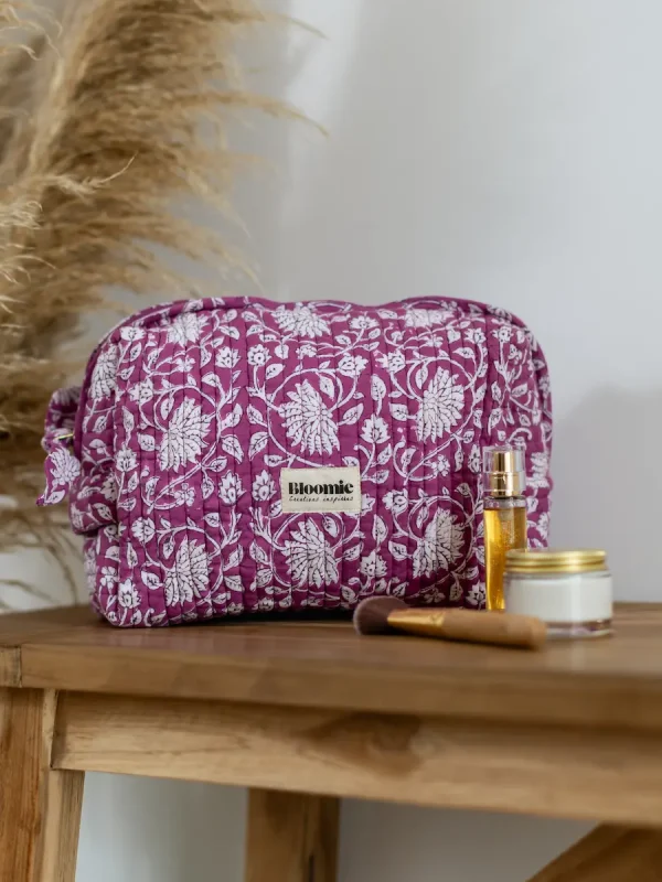TROUSSE DE TOILETTE FRIDA FUCHSIA EN COTON 27X18 CM - BLOCK PRINT ARTISANAL INDIEN