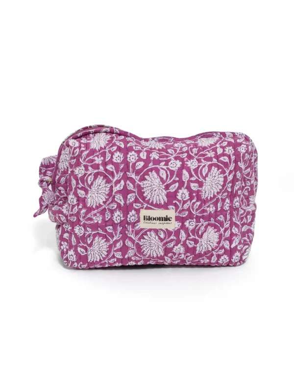TROUSSE DE TOILETTE FRIDA FUCHSIA EN COTON 27X18 CM - BLOCK PRINT ARTISANAL INDIEN