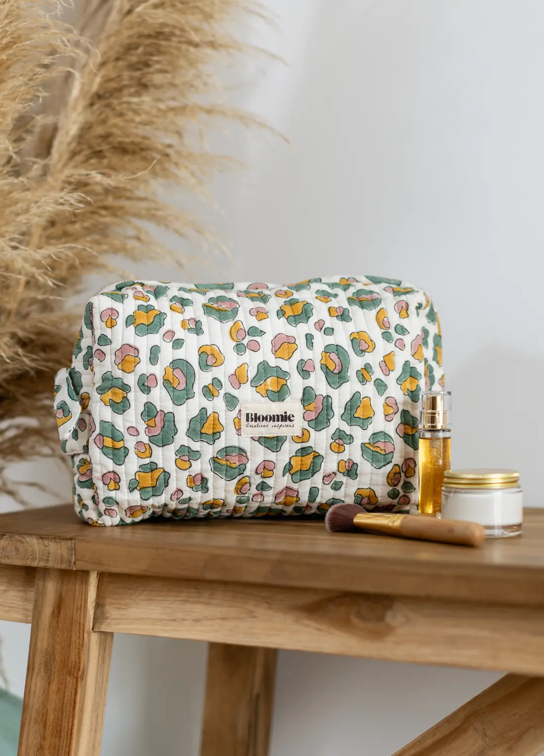 TROUSSE DE TOILETTE ROSA LÉOPARD SAUGE EN COTON 27X18 CM - BLOCK PRINT ARTISANAL INDIEN