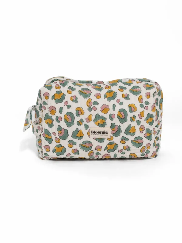 TROUSSE DE TOILETTE ROSA LÉOPARD SAUGE EN COTON 27X18 CM - BLOCK PRINT ARTISANAL INDIEN
