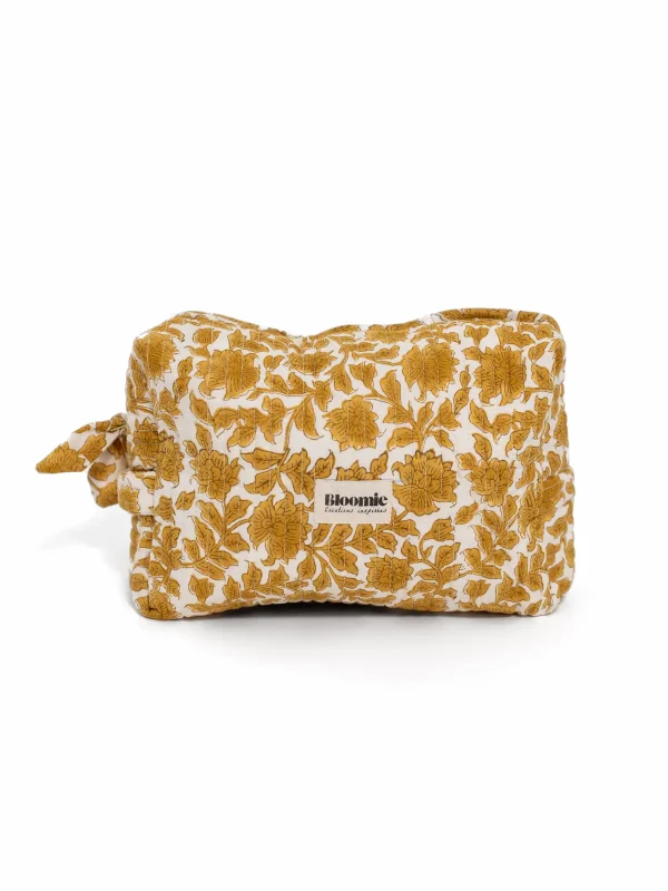 TROUSSE DE TOILETTE SERENA OCRE EN COTON MATELASSÉ 27X18 CM - BLOCK PRINT ARTISANAL INDIEN