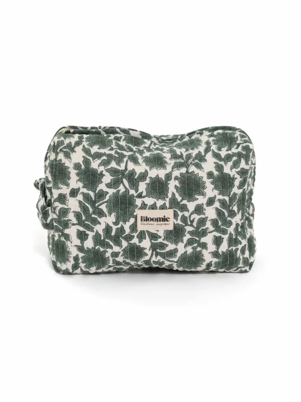 TROUSSE DE TOILETTE SERENA KAKI EN COTON MATELASSÉ 27X18 CM - BLOCK PRINT ARTISANAL INDIEN