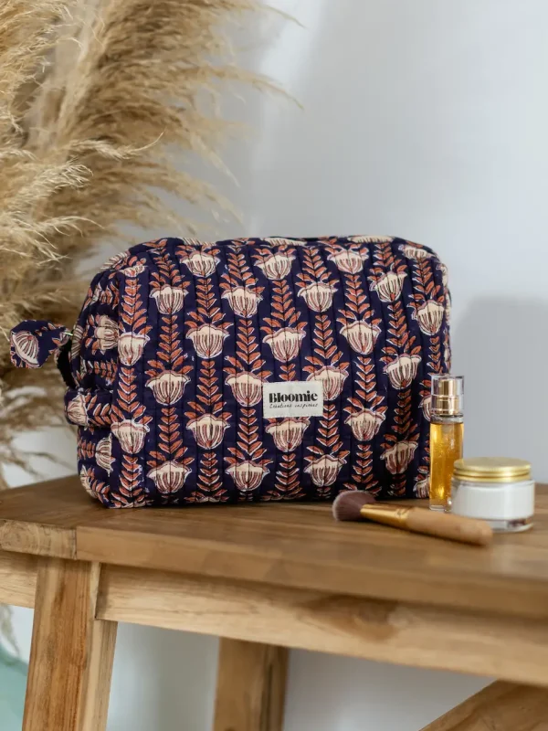 TROUSSE DE TOILETTE SIMONE MARINE EN COTON 27X18 CM - BLOCK PRINT ARTISANAL INDIEN