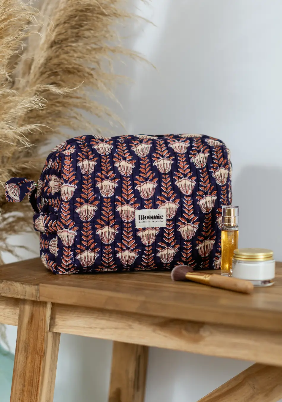 TROUSSE DE TOILETTE SIMONE MARINE EN COTON 27X18 CM - BLOCK PRINT ARTISANAL INDIEN