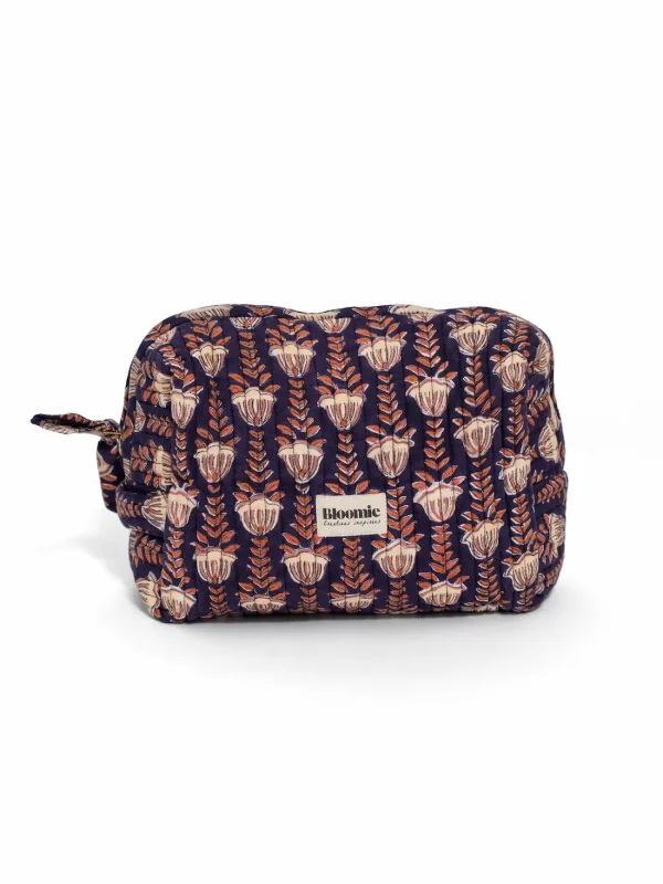 TROUSSE DE TOILETTE SIMONE MARINE EN COTON 27X18 CM - BLOCK PRINT ARTISANAL INDIEN